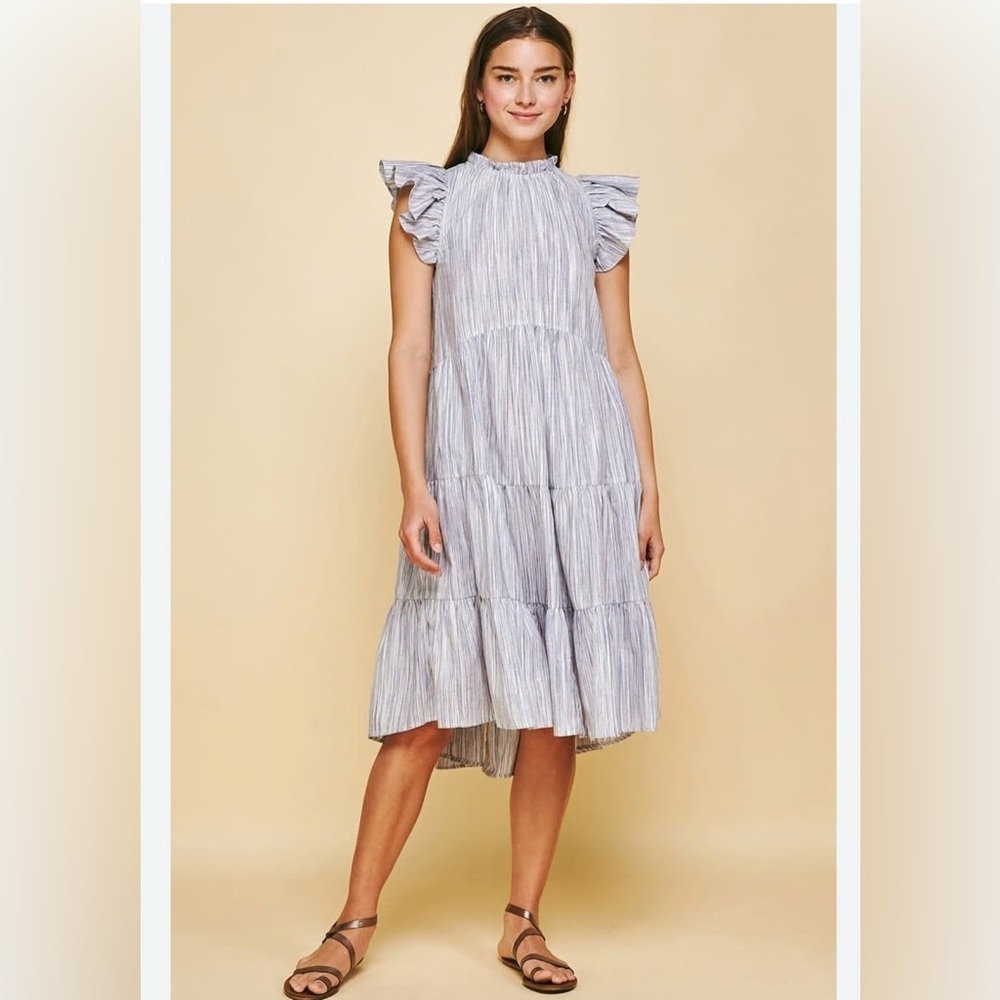 Pinch Light Blue Striped Tiered Ruffle Sleeve Dress Sz M Vacation Chic TC0302